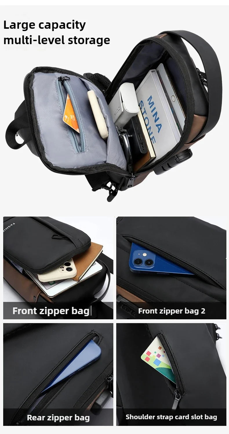 USB Charging Crossbody Package Men Anti Theft Chest Bag Shoulder Bags School Short Trip Messengers Bags Men's Oxford Sling Pack
